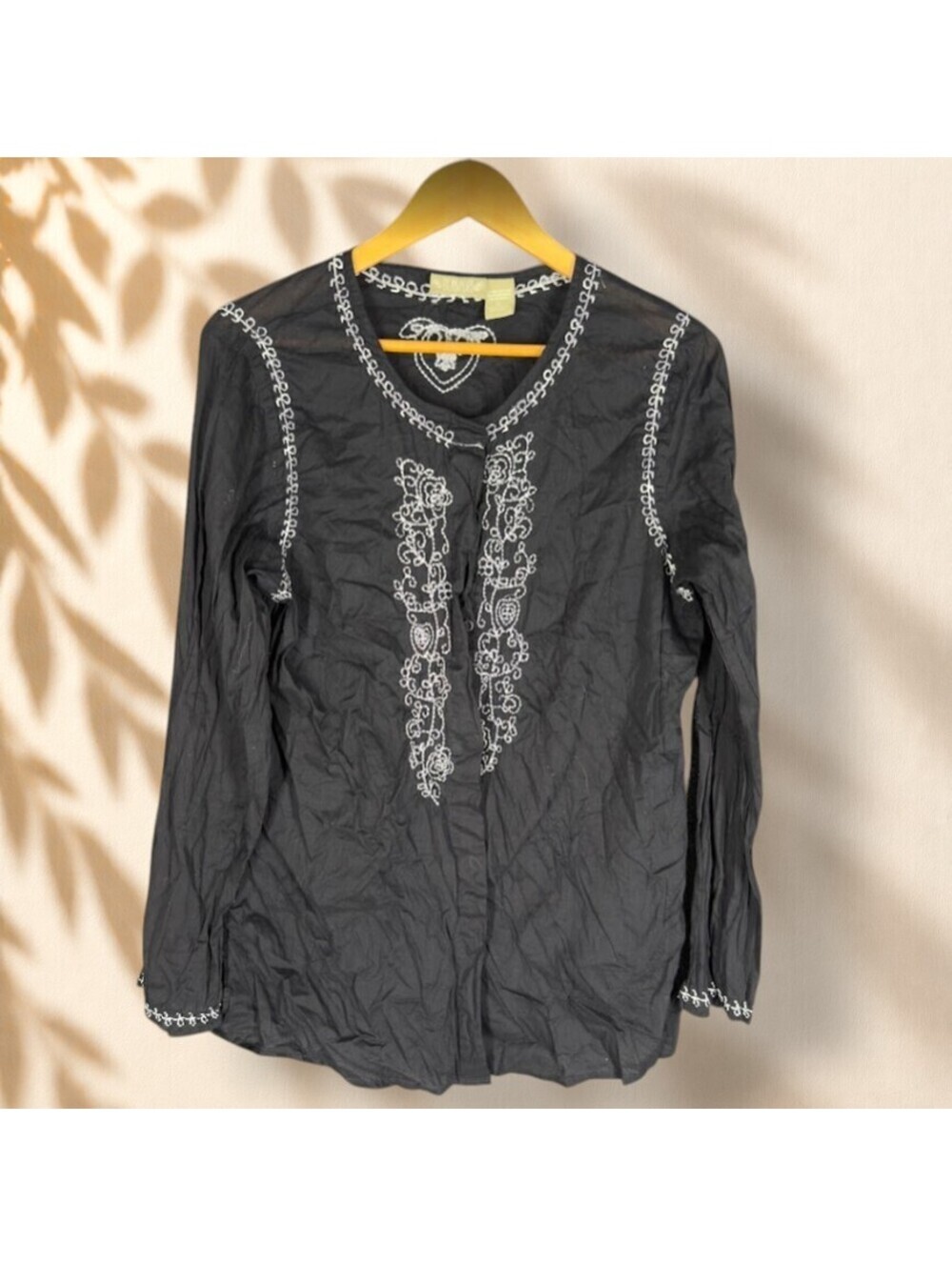 Blassport Button Up Top Women XL Black Floral Embroidered Long Sleeve Cotton